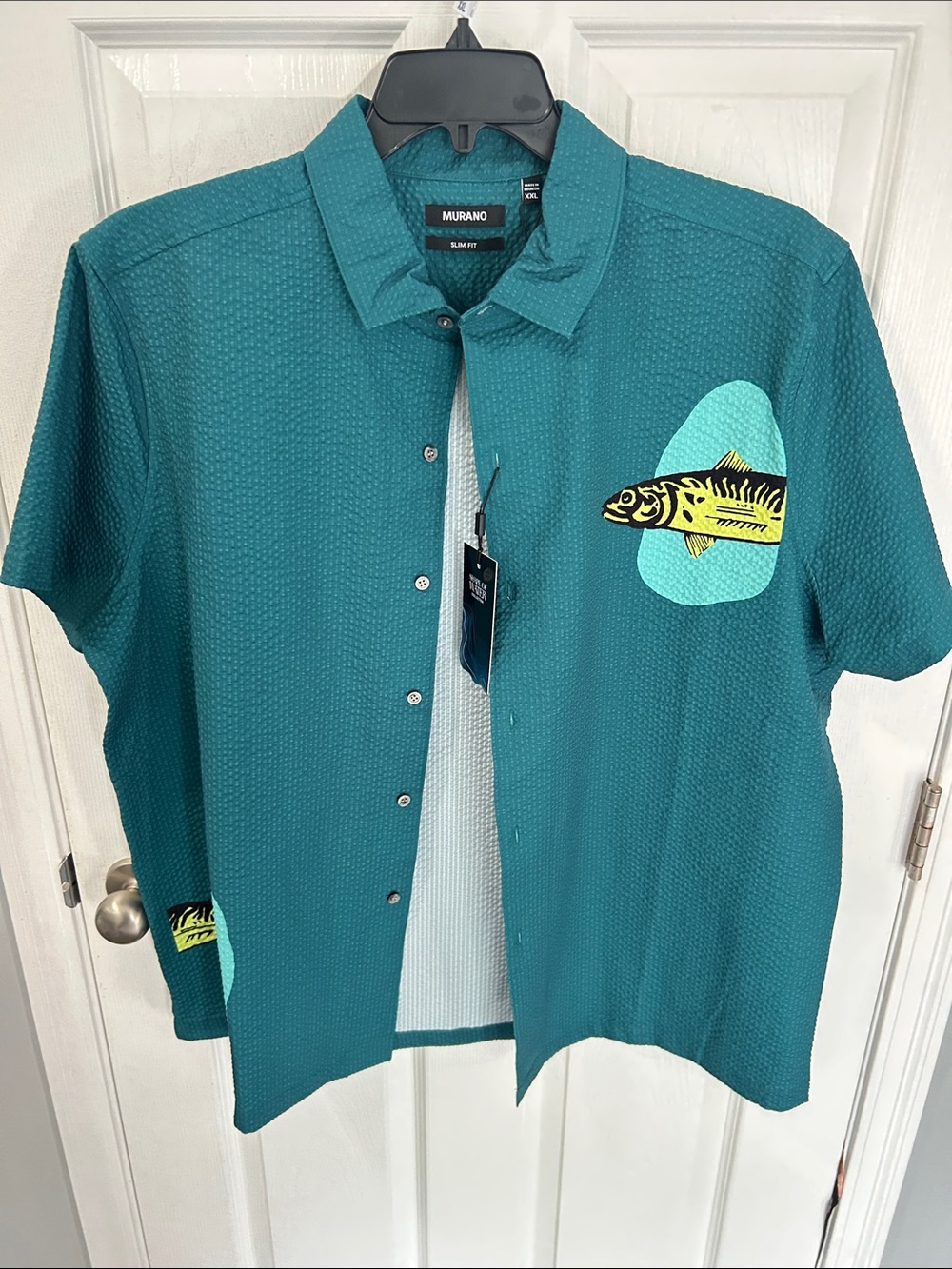 Murano Teal Short-Sleeve Button-Down Shirt with Yellow Fish Patch
